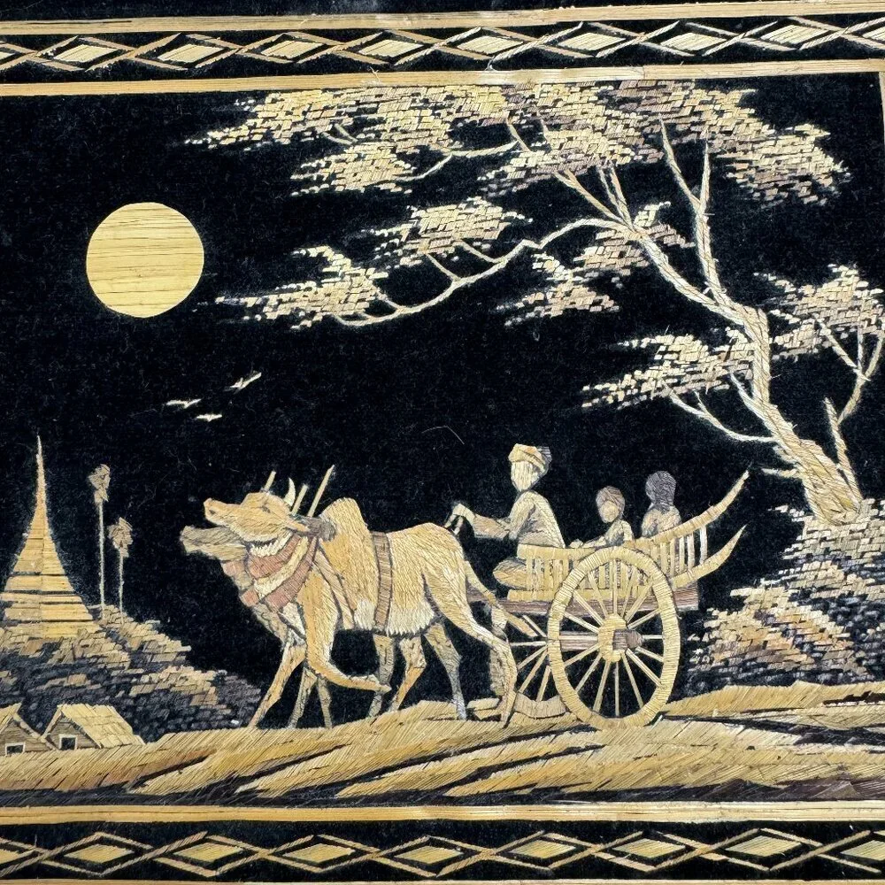 Vintage Wall Art Asian Scene Straw on Black Velvet  Handmade